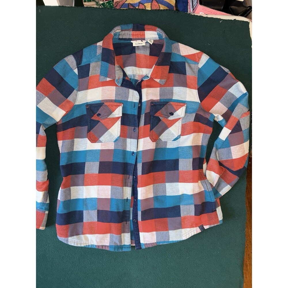 LL Bean Flannel Work Shirt w/ Elbow Patches & Pockets Red & Blue Button Up
